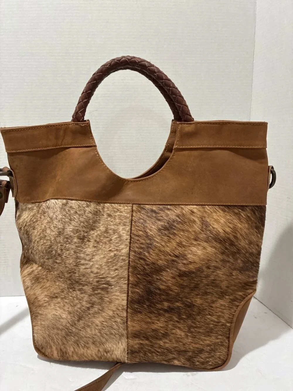 leather and real cowhide satchel brown braided handle shoulder bag made Mexico